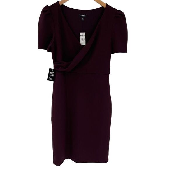 Express Short Puff Sleeve V-Neck Sheath Dress Knee Length Women Small Wine NWT - Picture 1 of 8